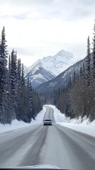 Poster - A car is driving down a snowy road in the mountains