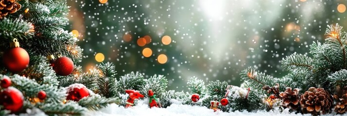 Poster - Snow-Covered Spruce Trees in a Winter Wonderland with Soft Snowfall and Enchanting Background Bokeh Effects for Cozy Holiday Vibes