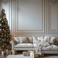 Sticker - Festive white interior decorated for Christmas. Living room in classic style with fireplace