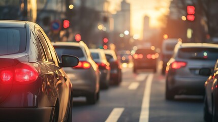 Wall Mural - Cars in a traffic jam at dusk.