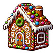 © Sites - A Colorful gingerbread house with icing and candy decorations, PNG illustration adding a sweet touch to holiday designs.