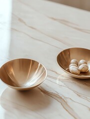 Brushed brass geometric jewelry dish on striped marble surface, high-end still life, architectural composition