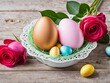 © Sundas - Happy easter day with rose flower and egg and baskit.