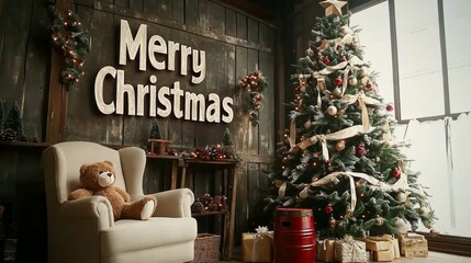 Poster - Merry Christmas is written on the wall above the Christmas tree