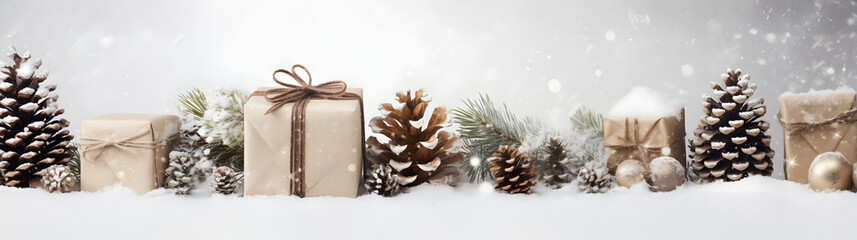 Wall Mural - rustic christmas gifts with brown ribbons, pine cones, spruce and fir branches and decorations in a 