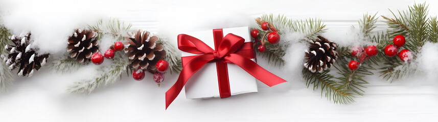 Wall Mural - white christmas gift with red ribbon, pine cones, spruce and fir branches and decorations in a row o