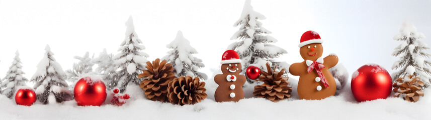 Wall Mural - red christmas balls, gingerbread piece and pine cones in a row with trees covered with snow and snow