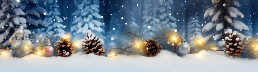 Wall Mural - colorful christmas trees and lights in a row with pine cones and branches covered with snow and snow