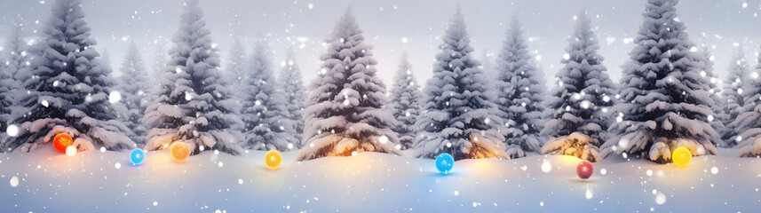 Wall Mural - colorful christmas trees and lights in a row with pine cones and branches covered with snow and snow