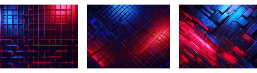Fototapete - Three abstract squares with glowing lines and blocks of red, blue, and purple.
