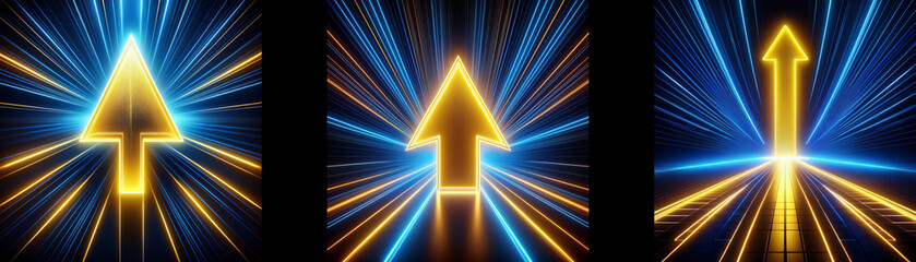Poster - Three glowing golden arrows point upwards against a black background with blue and orange light beams.