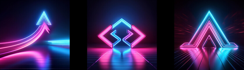 Poster - Three neon glowing geometric shapes with reflections on a dark background.