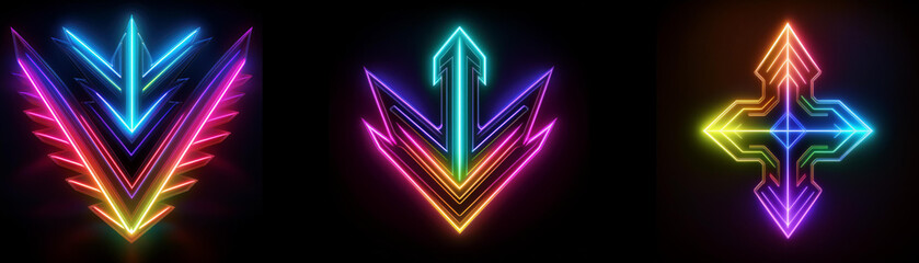 Fototapete - Three colorful neon arrows, one pointing up, one pointing down, and one pointing in all four directions.