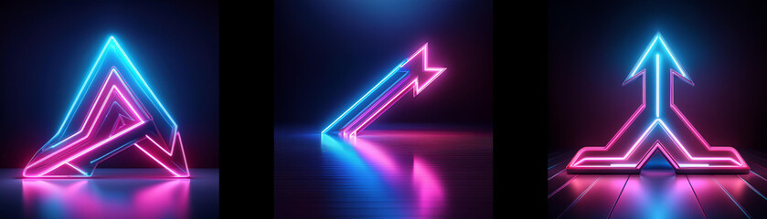 Fototapete - Three neon signs in a dark space, each glowing in vibrant blue and pink.