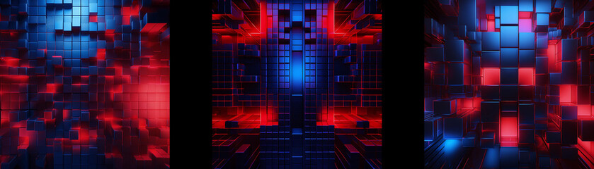 Fototapete - A glowing, abstract corridor composed of repeating geometric shapes illuminated in vibrant red and blue hues.