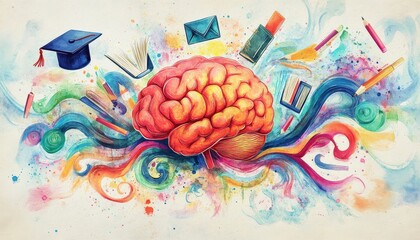Poster - Vibrant Watercolor Depiction of a Brain Surrounded by Imaginative Education-Related Elements and Colorful Swirls Representing Creativity and Learning