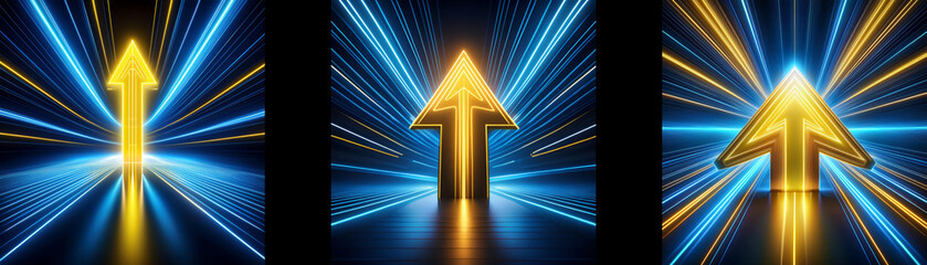 Aufkleber - A golden arrow in the center of three frames with blue and yellow lines extending from the edges.