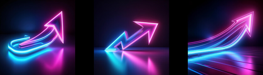 Aufkleber - Three neon arrows in various shapes and colors are shown on a dark background.  The arrows are pointing upwards and appear to be glowing.