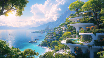 Sustainable urban landscapes in the future, futuristic city park with trees, minimalistic layout with ample open space for text, buildings with green walls in the background