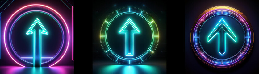 Aufkleber - Three neon glowing arrow signs pointing upwards in different circular frames with various colors.