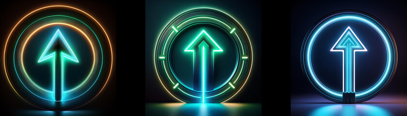 Aufkleber - Three glowing neon arrows pointing upwards surrounded by circular neon lights.