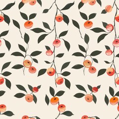 Poster - Seamless Minimal Jujube Pattern Featuring Stylized Fruits and Leaves on a Soft Background Ideal for Fabric and Textile Designs