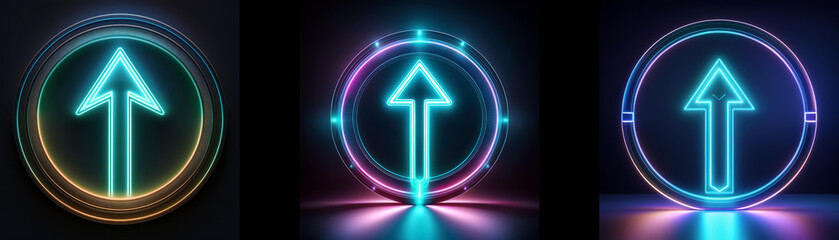 Fototapete - Three circular neon signs with an upward arrow in the center. Each sign has a different color scheme and level of detail.