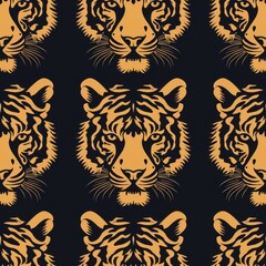 Poster - Seamless Minimal Tiger Pattern Design for Fabric with Bold Coloration Featuring Stylized Tigers Against a Dark Background