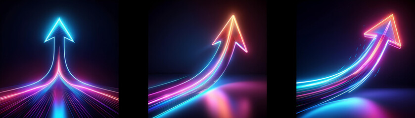 Aufkleber - Three neon arrows point upwards, glowing in blue, pink, and orange. The arrows are curved and have a sense of motion.