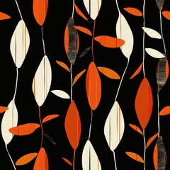 Poster - Seamless Minimalist Fabric Pattern Featuring Abstract Ugni Leaves in Vibrant Orange, White, and Black for Stylish Textile Design Applications