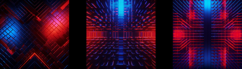 Poster - A tri-sectioned digital abstract showcasing red and blue neon light patterns on a dark background.