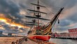 Historic Sailing Ship Docked in Harbor at Sunset, Picturesque Cityscape Background, Maritime History