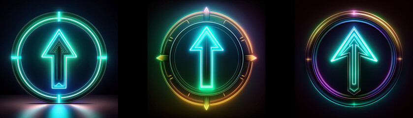 Aufkleber - Three glowing neon arrow icons with various color combinations and designs.