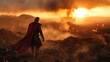 © svastix - A lone figure in armor and a red cape strides through a fiery, volcanic landscape, illuminated by a brilliant sunset, creating an epic and heroic atmosphere.