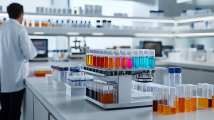 Poster - Laboratory scene with colorful test tubes and centrifuge, showcasing vibrant liquids in modern research environment. atmosphere is dynamic and scientific