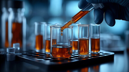 Aufkleber - Close up of pipettes and test tubes with orange liquid in laboratory setting, showcasing precise measurements and scientific experimentation