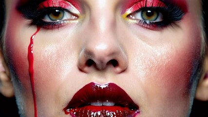 Wall Mural - crimson paint dropping from the lips and crimson liquid falling onto the mouth of the stunning model girl. Lipstick