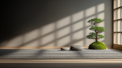 Aufkleber - serene indoor space featuring bonsai tree, smooth stones, and raked gravel, creating peaceful atmosphere with soft shadows