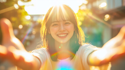 Poster - 虹色の光に包まれた微笑む日本人女性