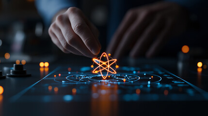 Poster - hand manipulating glowing atomic model on digital interface, showcasing advanced technology and scientific exploration. vibrant colors and intricate details evoke sense of innovation and discovery