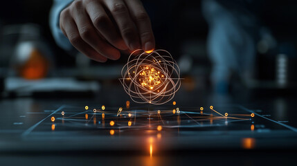 Poster - hand manipulating glowing atomic model, showcasing scientific exploration and innovation. intricate details highlight beauty of atomic structure and energy