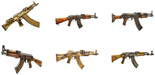 Various models of assault rifles isolated on transparent background