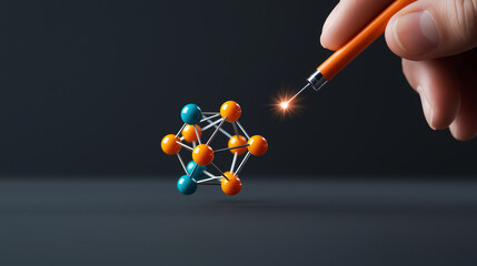 Poster - Realistic high resolution shot of hand holding pen, interacting with colorful molecular model. vibrant atoms and connections create dynamic scientific representation