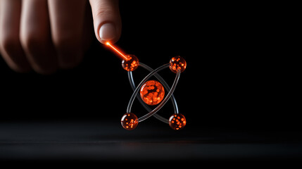 Poster - Realistic high resolution shot of atoms and molecules with glowing elements. image captures hand interacting with molecular structure, showcasing scientific exploration and innovation