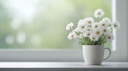 Aufkleber - serene scene featuring white mug filled with fresh daisies, brightening up soft, blurred background. gentle light creates peaceful atmosphere