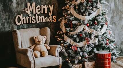 Poster - A teddy bear sits in front of a Christmas tree