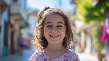 Wall Mural - Portrait of a joyful Turkish girl, age 8, enjoying sunny nature