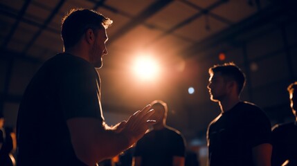 Poster - A man is talking to another man in a dimly lit room