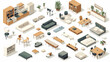 © Pickoloh - Vector isometric home furniture set. Domestic and office furniture and equipment. Sofas, chairs, armchairs, tables, lamps, cabinets and stools.