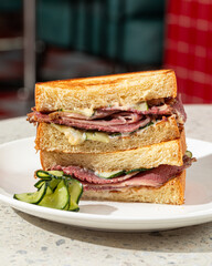 Wall Mural - Portion of gourmet sandwich with pickles on the cafe table